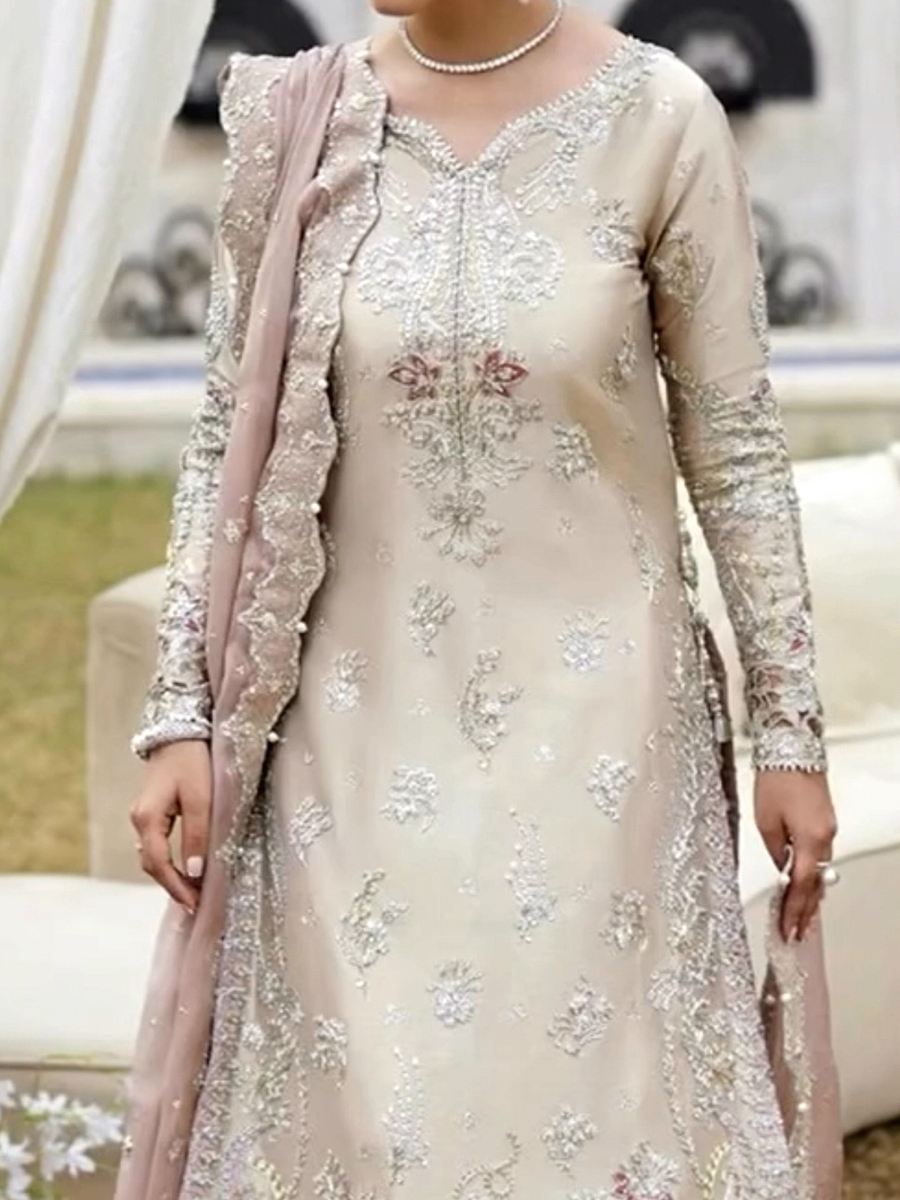 Pakistani FTA Inspired Elegant Cream Embroidered Formal Dress